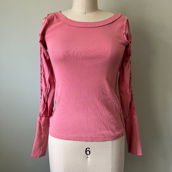 Free People Pink Daisy Chain Chain Cuff Long Sleeve Ribbed Cold Shoulder Top - Picture 3 of 10